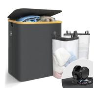 VOUNOT® Panier à Linge Pliable 145L 2 Compartiments avec Couvercle et Roulettes Grande Capacité Corbeille à Linge avec 2 Sacs Intérieurs Amovibles pour Tri du Linge Cadre en Bambou Gris