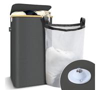 VOUNOT® Panier à Linge Pliable avec Roulettes 100L avec Couvercle et Sac Intérieur Amovible Grande Capacité Corbeille à Linge avec Poignées et Cadre en Bambou pour Vêtements Gris