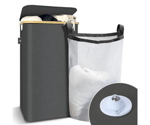 VOUNOT® Panier à Linge Pliable avec Roulettes 100L avec Couvercle et Sac Intérieur Amovible Grande Capacité Corbeille à Linge avec Poignées et Cadre en Bambou pour Vêtements Gris