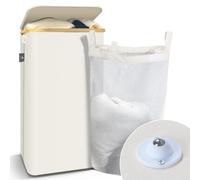 VOUNOT® Panier à Linge Pliable avec Roulettes 100L Bac a Linge avec Couvercle et Sac Intérieur Amovible Grande Capacité Corbeille à Linge avec Poignées et Cadre en Bambou pour Vêtements Beige