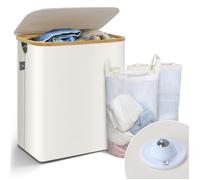 VOUNOT® Panier à Linge Pliable avec Roulettes 145L Bac a Linge avec Couvercle et Sac Intérieur Amovible Grande Capacité Corbeille à Linge avec Poignées et Cadre en Bambou pour Vêtements Beige