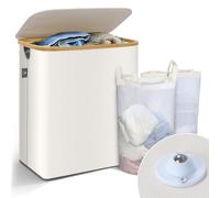 VOUNOT® Panier à Linge Pliable avec Roulettes 145L Bac a Linge avec Couvercle et Sac Intérieur Amovible Grande Capacité Corbeille à Linge avec Poignées et Cadre en Bambou pour Vêtements Beige