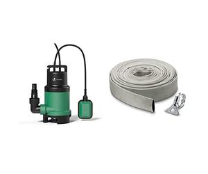 VOUNOT Pompe d'évacuation pour Eaux Chargés 750W avec Flotteur Max.14000L/H Profondeur d'immersion 7M & Kärcher 29971000 Kit Tuyau Plat en Textile et Collier de Serrage 10 m