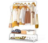 VOUNOT® Portant à Vêtements Double Tringle avec 2 Niveaux Étagères à Chaussures et 4 Crochets Latéraux - 110x35x146cm - Blanc