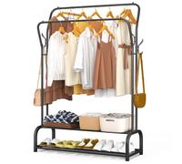 VOUNOT® Portant à Vêtements Double Tringle avec 2 Niveaux Étagères à Chaussures et 4 Crochets Latéraux - Métal - 110x35x146cm -