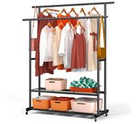 vounot® Portant à Vêtements Double Tringle en Métal avec Roulettes Penderie Vêtement Étagères avec 2 Étagères de Rangement Pour Entrée Chambre et Dressing 120x40x146cm Noir