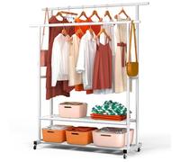 vounot® Portant à Vêtements Double Tringle en Métal avec Roulettes Penderie Vêtement Étagères avec 2 Étagères de Rangement Pour Entrée Chambre et Dressing 120x40x146cm Blanc