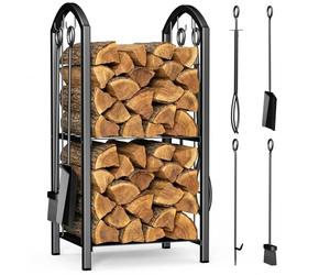 VOUNOT® Porte Bûches de Cheminée avec 4 Outils Grande et 2 Étagères en Métal Grande Capacité Support de Stockage de Bois Intérieur Extérieur Range Bûches Multi Accessoires 75 * 38 * 38cm Noir