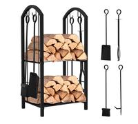 VOUNOT® Porte-bûches en métal pour cheminée - Support de stockage de bois avec 4 outils inclus - Noir