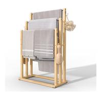 VOUNOT® Porte-serviettes autoportant sur pied - Support à 3 niveaux avec crochets - Bambou