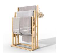 VOUNOT ® Porte-Serviettes autoportant sur Pied Support à 3 Niveaux en Bambou Rangement Stable avec Crochets pour Serviettes de Bain et Accessoires Idéal à Côté de la Douche Baignoire ou Lavabo