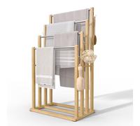 VOUNOT ® Porte-Serviettes autoportant sur Pied Support à 4 Niveaux en Bambou Rangement Stable avec Crochets pour Serviettes de Bain et Accessoires Idéal à Côté de la Douche Baignoire ou Lavabo