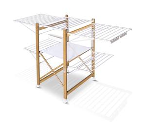 vounot® Séchoir à Linge Deluxe Grande Capacité avec roulettes et Maille Etendoir Extensible Pliable Multifonction Imitation Bois 30m de Séchage pour Usage Intérieur 180x105x61cm Blanc