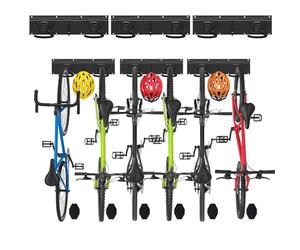 vounot® Support Vélos Mural en Métal pour 6 Vélos + 3 Casques Porte de Rangement avec 6 Coussinets Silicone Anti Taches Crochet Fixation Robuste pour Garage Cave Noir