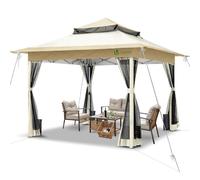 VOUNOT® Tonnelle de Jardin Extérieur 3.6x3.6m Pop up avec Moustiquaire Barnum Anti-UV Respirable Tente de Réception Cadre en Acier Toits Doubles Belvédère Jardin Terrasse Beige