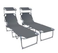vounot® Lot de 2 Chaise Longue Bain de Soleil avec Pare Soleil Transat Pliable avec Parasol Bain de Soleil Inclinable en Polyester Charge Max 120KG Chaise Longue Réglable Gris