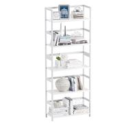 vovala Étagère à 5 Niveaux, bibliothèque Industrielle avec Cadre en Bambou, étagère Debout d’Affichage Moderne, Grand Organisateur de Rangement en Bois pour Salon, Bureau à Domicile, Blanc
