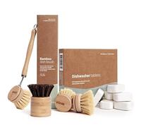Vove Ensemble de vaisselle | 30 tablettes de lave-vaisselle, 6 éponges à récurer et brosse à vaisselle en bambou | Brosse à vaisselle anti-rayures | Ensemble de nettoyage respectueux de