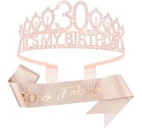 Vovii Écharpe et diadème pour 30e anniversaire - Cadeaux et décorations pour elle, couronne de princesse or rose, accessoires pour cheveux pour femme, cadeaux de fête d'anniversaire