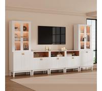 VOWNER Meuble TV Bibliotheque avec LED, 300 cm Grand Meuble Télé avec Portes en Verre pour TV jusqu'à 75 Pouces, Meuble TV Set, Buffet pour Salon, Cuisine, 300 x 180 x 40 cm (Blanc, 5PCS)