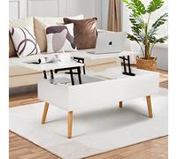 VOWNER Table Basse Réglable en Hauteur, Pull-Out, Table Basse Extensible, Compartiment de Rangement Séparé et Caché, Double Plateau Relevable, Blanc