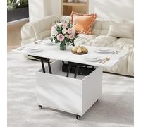 VOWNER Table Basse Relevable Extensible Table à Manger, Blanc | Meuble 3 en 1 compact pour salon avec plateau relevable (120x66.5x60 cm)