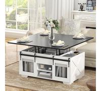 VOWNER Table Basse Relevable Extensible Table à Manger Noir | Style ferme 3 en 1 pour salon, rangement caché avec portes coulissantes