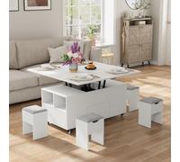 VOWNER Table Basse Relevable, Multifonctionnelle 3 en 1 avec Tiroir et 4 Tabourets, Transformable en Table à Manger de Salon, 106L x 106W x 68H cm (Blanc)