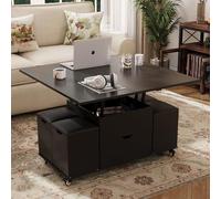 VOWNER Table Basse Relevable, Multifonctionnelle 3 en 1 avec Tiroir et 4 Tabourets, Transformable en Table à Manger de Salon (Noir)