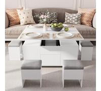 VOWNER Table Basse Relevable Multifonctionnelle 3 en 1, Extensible en Table à Manger de Salon, Plateau Relevable Avec 4 Tabourets et Rangement Caché, Blanc