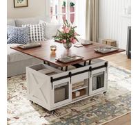 VOWNER Table Basse Relevable, Table de Salon Extensible Multifonctionnelle 3 en 1 avec Roues & Rangement Caché, Convertibleen à Manger de Salon, Style Ferme (Noyer)