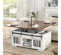VOWNER Table Basse Relevable, Table de Salon Multifonctionnelle 3 en 1 avec Rangement Caché, Extensible, Convertibleen à Manger de Salon, Style Ferme, (Noyer)