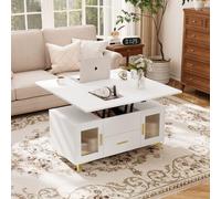 VOWNER Table Basse Relevable, Table de Salon Multifonctionnelle 3 en 1 avec Tiroirs et Espace de Rangement, Transformable en Table à Manger de Salon, Blanc