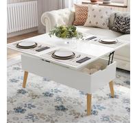 VOWNER Table Basse Relevable, Table de Salon Multifonctionnelle 3 en 1, Extensible en à Manger de Salon, Plateau Relevable, avec Rangement Caché, Grain de Bois Blanc