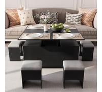 VOWNER Table Basse Relevable, Table de Salon Multifonctionnelle 3 en 1, Extensible en Table à Manger de Salon, Table Basse Plateau Relevable, avec Con 4 Tabourets e Rangement Caché, Noir