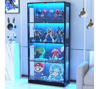 VOWNER Vitrine 4 étages en Verre avec éclairage LED 3 Couleurs, détecteur Intelligent, tablettes en Verre autonomes pour Figurines et Collection, Salon Chambre (Noir, 4 étages)