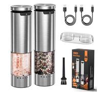 VOXON Lot de 2 moulins à sel et à poivre avec USB rechargeable, 5 niveaux de grossièreté réglable, mouture automatique, poivrière électrique avec lumière LED pour barbecue, restaurant, cuisine