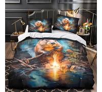 VOXYTMLWG Beaver with Stick Linge de Lit 3D Microfibre 3Pcs 2xTaies Douce Fantasy Forêt Housse Couette Hypoallergique Entretien Fac Enfants Garçons Filles Single(135x200)