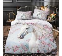 VOXYTMLWG Blanc Cheval Linge de Lit Microfibre 3D Effet 3 Pièces Éclair Super Douce Spring Blossoms Parure de Lit Léger Entretien Facile for Garçon Super King（260x220cm）