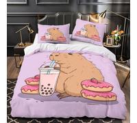 VOXYTMLWG Capybara Drinking Boba Housse Couette 3D Microfibre 3Pcs 2 Taies Douce Coon Cute Animal Ensemble Lit Résistante Entretien Fac Enfants Garçons Filles Double(200x200)