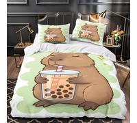 VOXYTMLWG Capybara Drinking Housse Couette 3D Microfibre Hypo 3Pcs 2 Taies Douce Cute Coon Ensemble Lit Résistante Entretien Fac for Garçons Adolescents Single(140x200)
