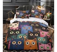 VOXYTMLWG Cats with Big Eyes Linge de Lit 3D Imprimée Microfibre 3 Pièces Éclair Super Douce Coloré Coon Housse de Couette Léger Hypoallergique for Couple Amoureux King（220x240cm）