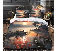 VOXYTMLWG Coucher de Soleil Housse Couette Microfibre 3D 3Pcs 2xTaies Douce Chinese Traditional Architecture Ensemble Lit Douce Entretien Fac Enfants Garçons Filles Double(200x200)