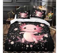 VOXYTMLWG Cute Axolotl Parure de Lit 3D Imprimée Microfibre 3 Pièces Taie Ultra Douce Cherry Blossom Ensemble De Literie Confortable Résistante for Fille Single（140x200cm）