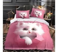 VOXYTMLWG Cute Blanc Kitten Linge de Lit Microfibre Résistante 3D Effet 3 Pièces 2xTaies Super Douce Coon Fluffy Parure de Lit Hypoallergique Résistante for Fille Super King（260x220cm）
