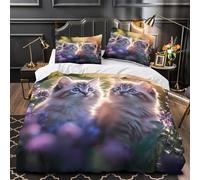 VOXYTMLWG Cute Kitten Duo Ensemble De Literie 3D Imprimée Microfibre 3 Pièces Taie Ultra Douce Soft Fluffy Cats Parure de Lit Respirante Entretien Facile for Enfant Single（135x200cm）