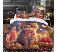 VOXYTMLWG Cute Kitten with Bow Housse de Couette Microfibre Résistante 3D Effet 3 Pièces 2xTaies Ultra Douce Fantasy Ensemble De Literie Hypoallergique Entretien Facile for Femmes Single（140x200cm）
