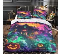 VOXYTMLWG Halloween House Parure de Lit Microfibre Résistante 3D Effet 3 Pièces Taie Ultra Douce Spooky Haunted Housse de Couette Confortable Entretien Facile for Garçons Filles King（220x240cm）