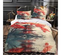 VOXYTMLWG Japanese Pagoda Linge de Lit Microfibre 3D 3Pcs 2xTaies Douce Traditional Architecture Housse Couette Résistante Entretien Fac for Couple Amoureux Super King（260x220cm）