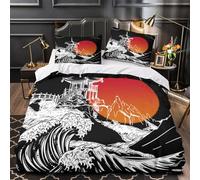 VOXYTMLWG Japanese Temple Housse de Couette 3D Effet Microfibre Résistante 3 Pièces 2 Taies Douce Woodcut Parure de Lit Super Douce Entretien Facile for Garçons Adolescents Super King（260x220cm）